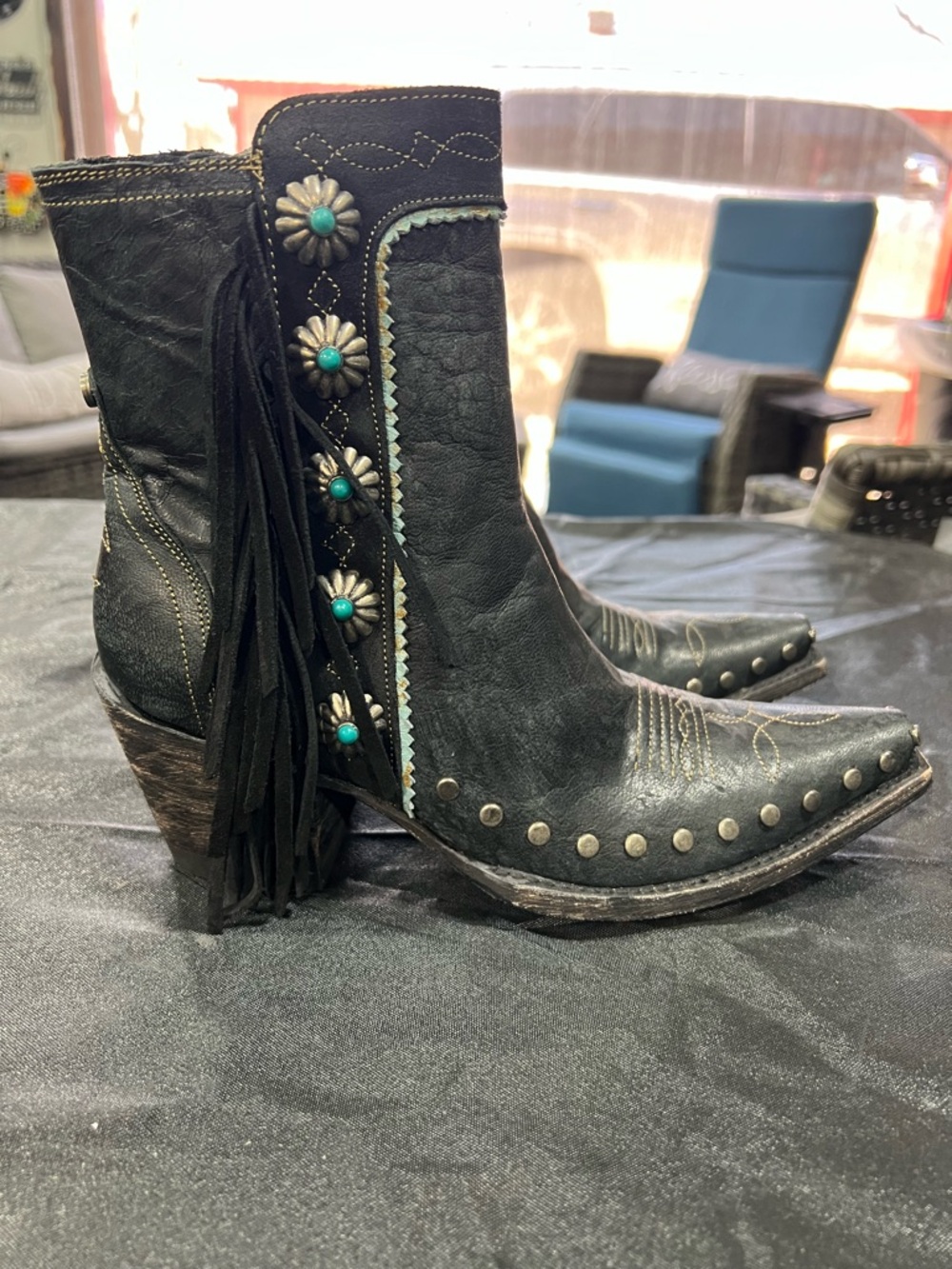 Double D Ranch  Black Leather Western Ankle Boots with Turquoise Conchos